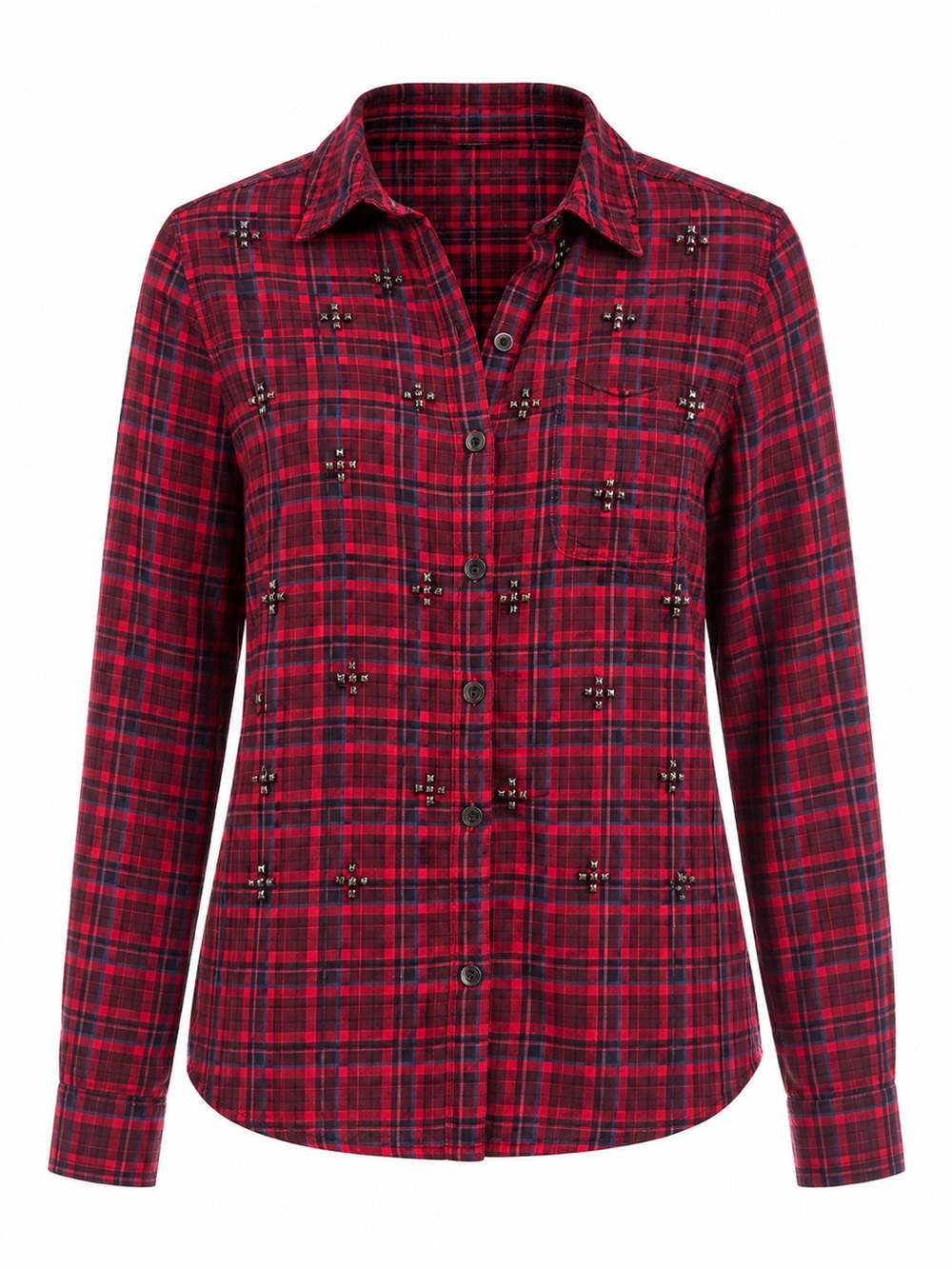 Halogen Red and Black Plaid Button-Down Shirt with Bead Details